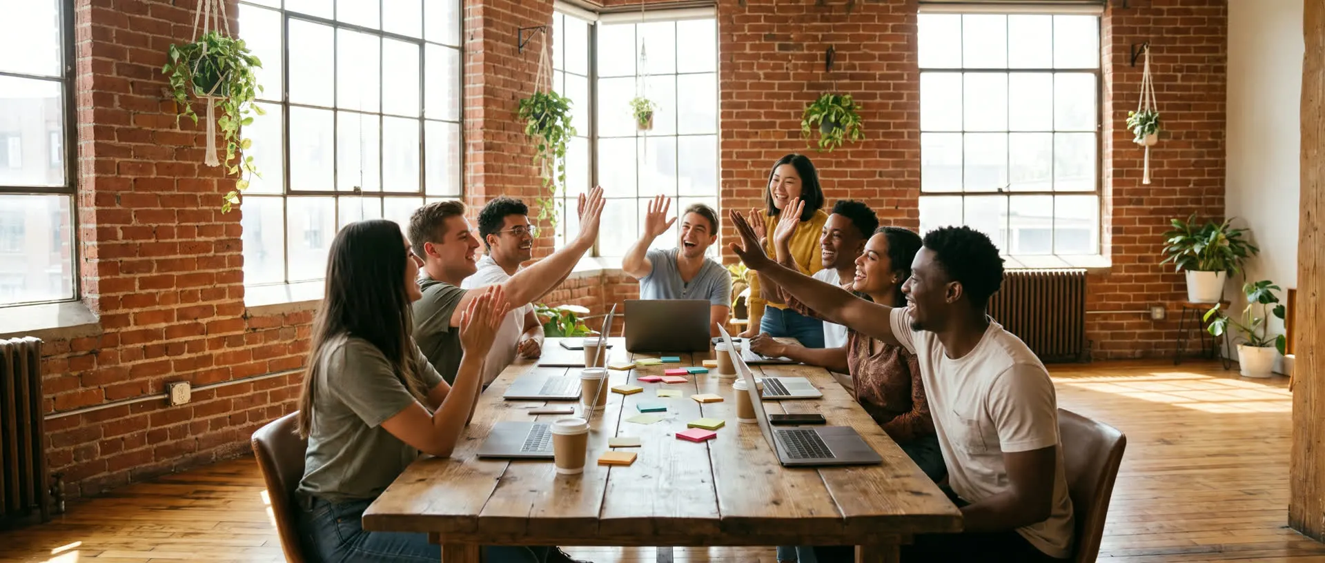 A team high-fiving across a long table in a brick loft